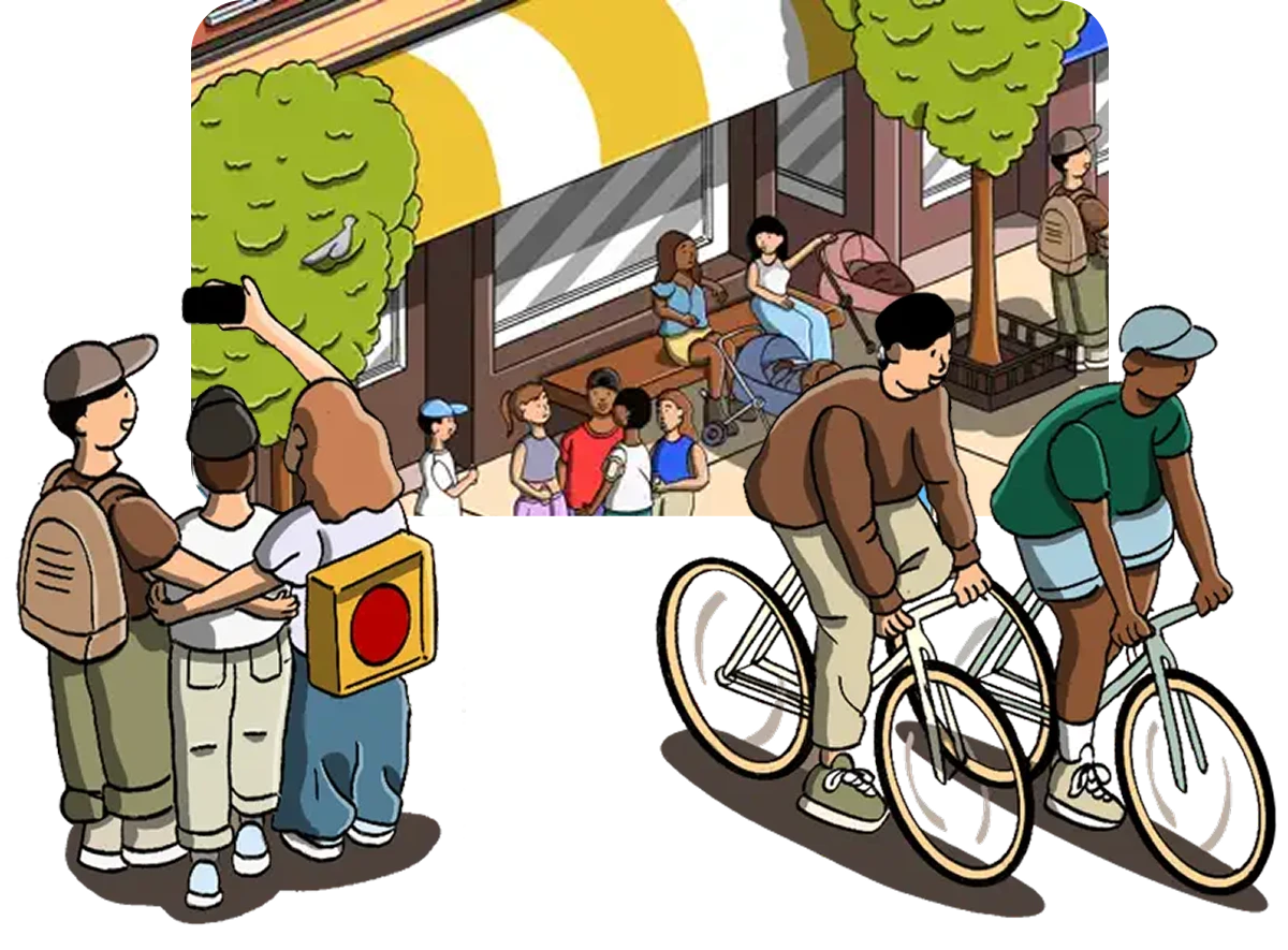 An illustrated street scene of people gathering outside a café