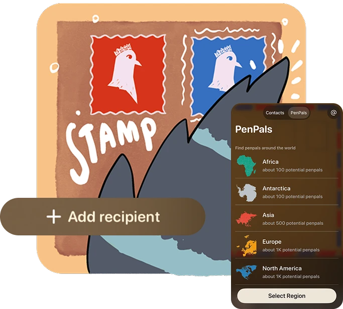 A pigeon sticking stamps onto an envelope
