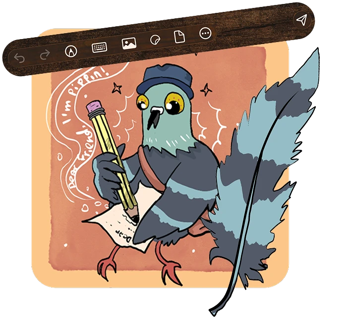 A pigeon in a cap writing a letter with a pencil