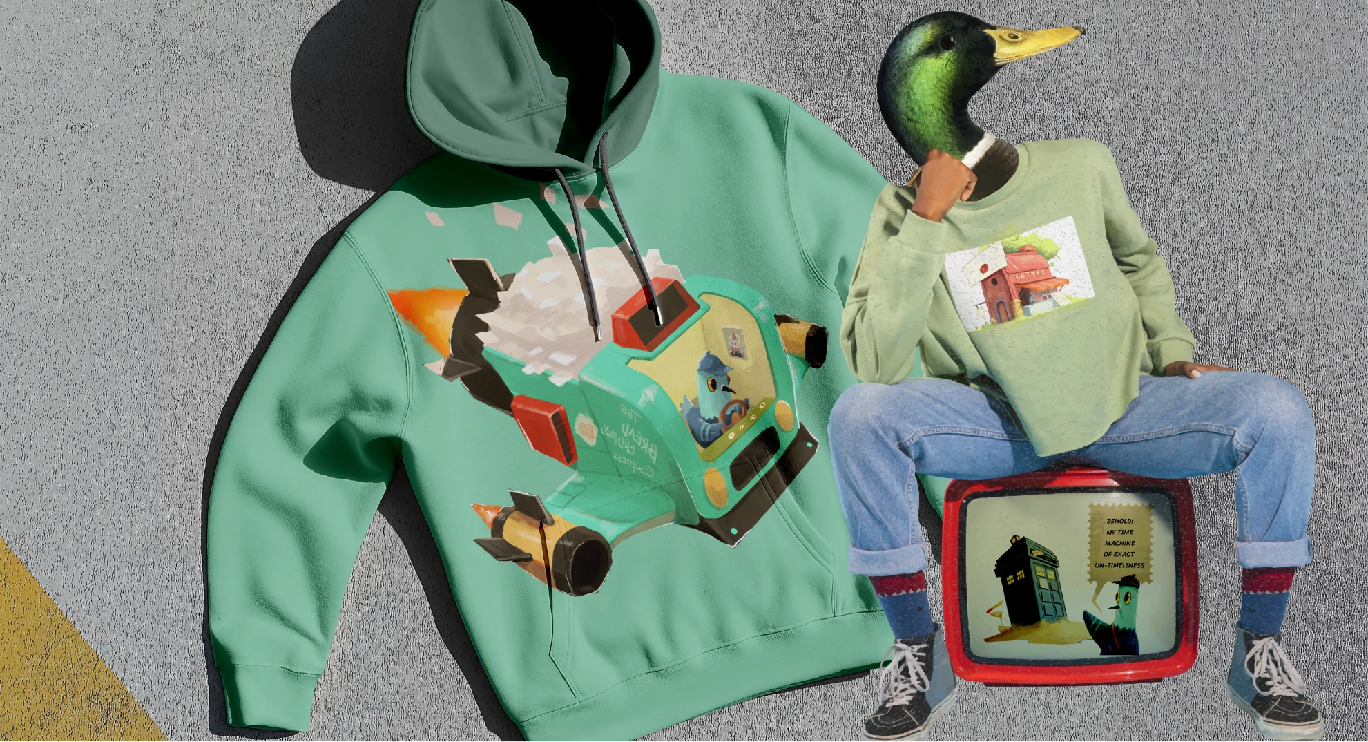 A green Lettre hoodie laid flat beside a character wearing Lettre merch