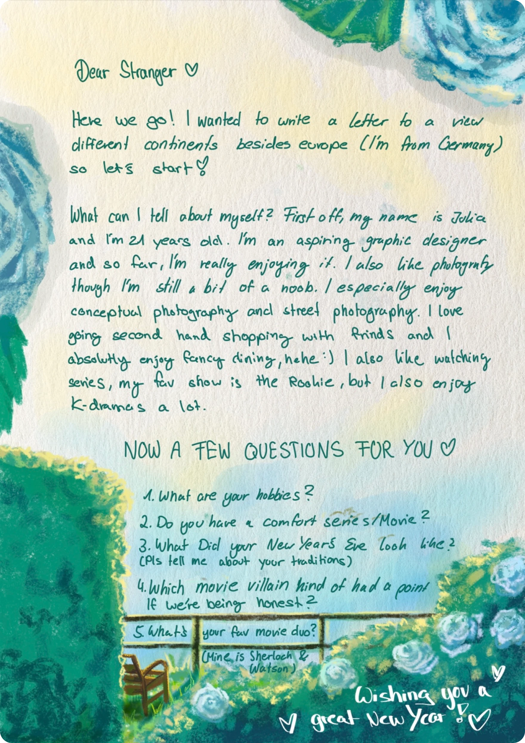A handwritten letter that opens "Dear Stranger", decorated with painted blue roses and a list of questions for a new PenPal