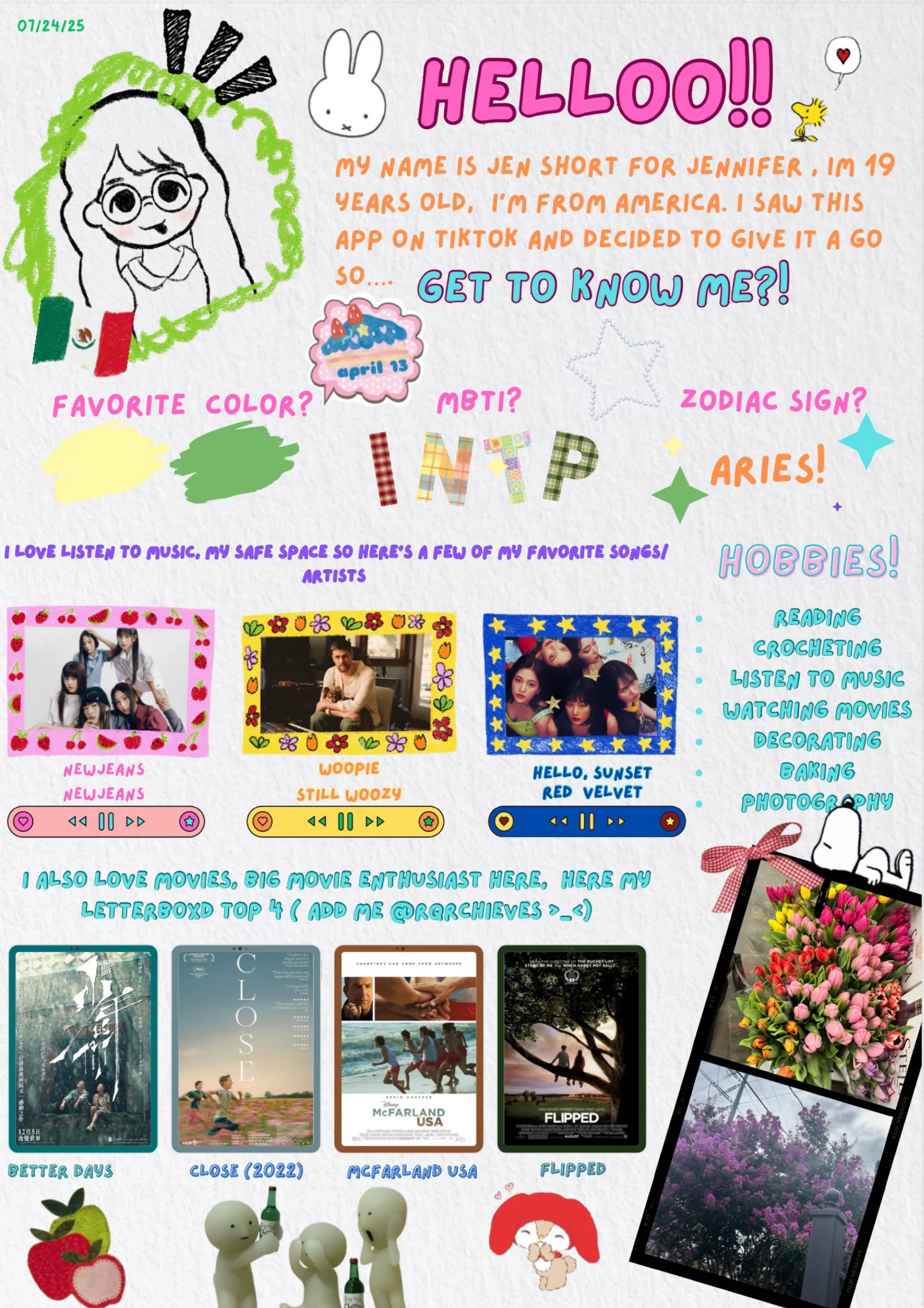 A letter decorated with doodles and stickers, introducing Jen, 19, from America, with her favorite songs and films and her hobbies, from crocheting to baking