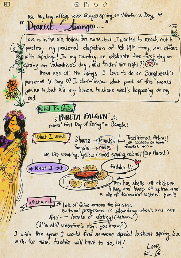 A handwritten illustrated letter about Pohela Falgun, the first day of spring in Bangladesh