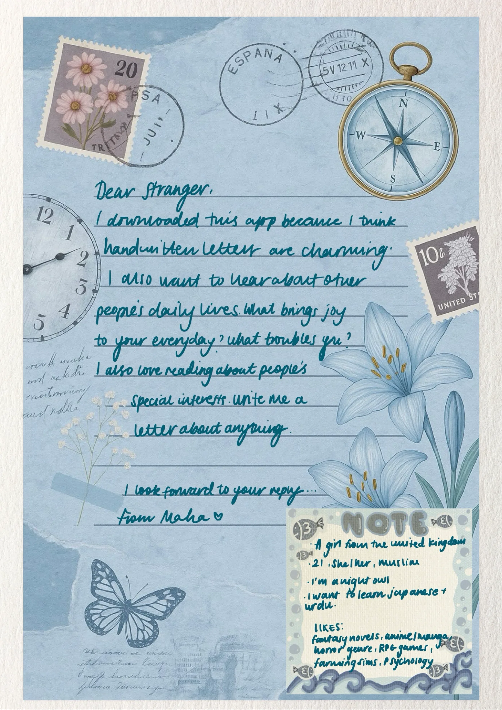 A pale blue collage letter from Maha, a girl from the United Kingdom, decorated with vintage stamps, postmarks, a compass, a clock and lilies, asking a stranger what brings them joy