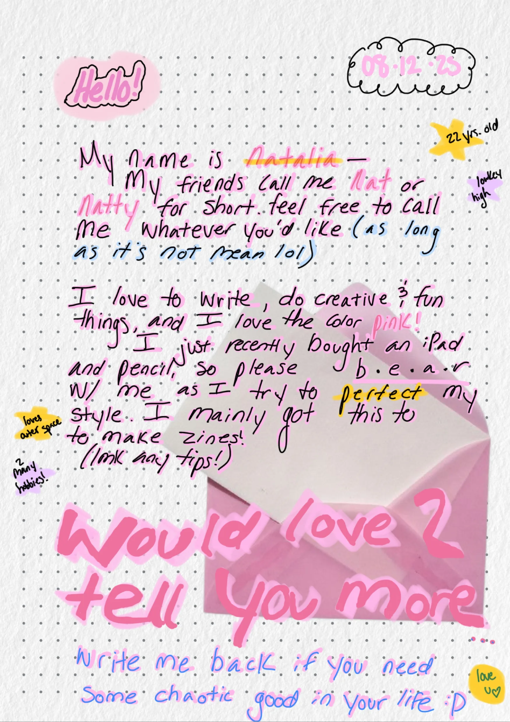 A pink, dotted-paper letter from Natalia, who loves writing and making zines and has just bought an iPad and pencil, ending "Would love 2 tell you more"
