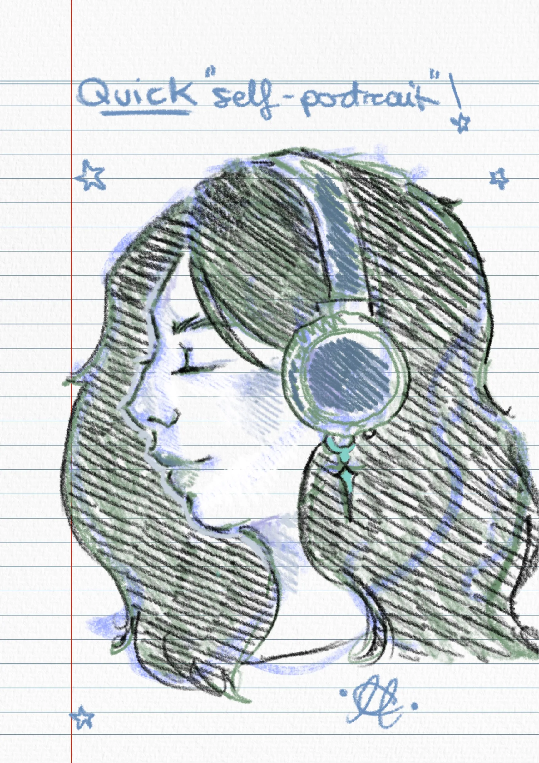A pencil self-portrait on lined paper of a girl in headphones, titled "Quick self-portrait!"