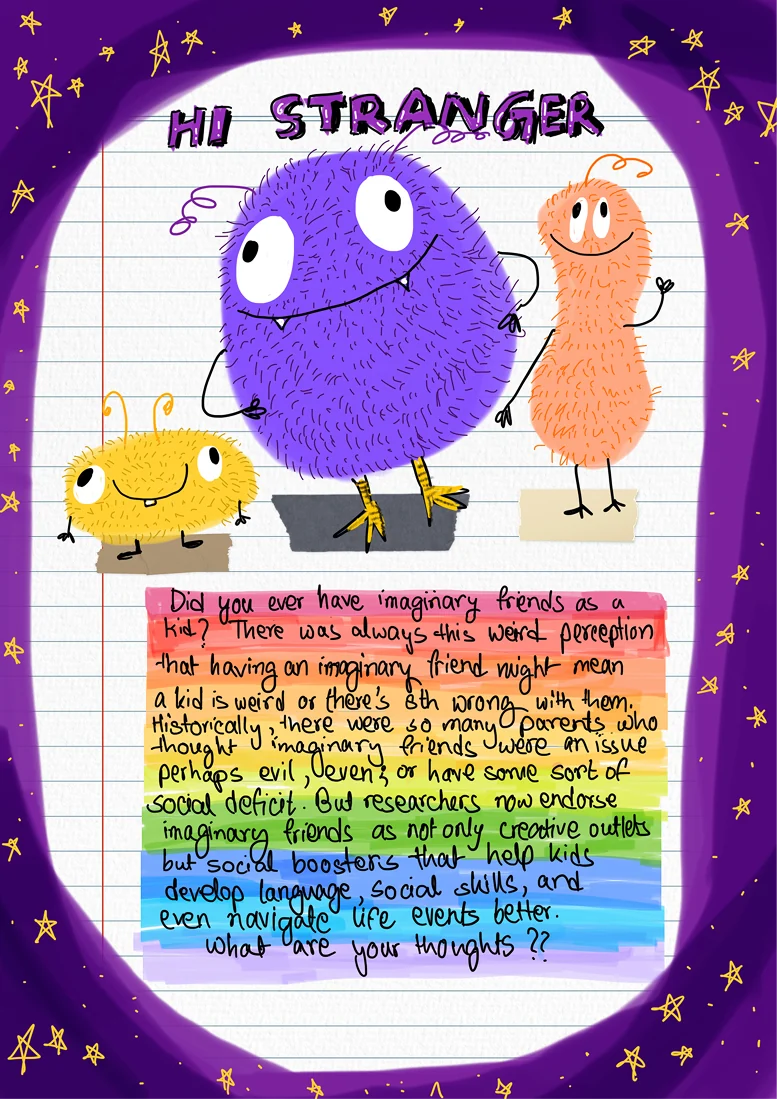 A purple, star-framed letter headed Hi Stranger, with three fuzzy cartoon monsters and a rainbow note asking whether you had imaginary friends as a kid