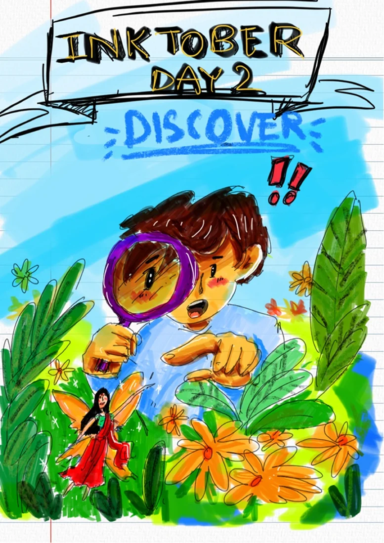 An Inktober drawing headed Discover: a child with a magnifying glass finds a tiny fairy among orange flowers