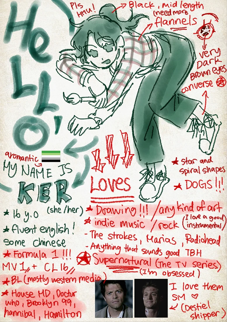 A green and red sketch letter introducing Ker, with a drawing of a girl in a flannel shirt and lists of loves, from drawing and indie rock to Formula 1