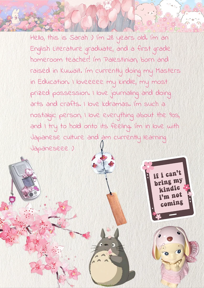 A soft pink letter from Sarah, a first grade teacher who loves her Kindle, journaling and the 90s, decorated with cherry blossoms, Totoro and a wind chime