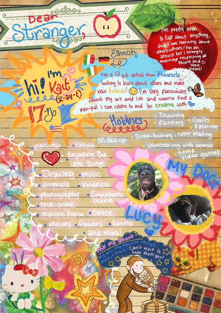 A bright collage letter opening Dear Stranger, from Kait, an artist who lists her hobbies around photos of her dog Lucy