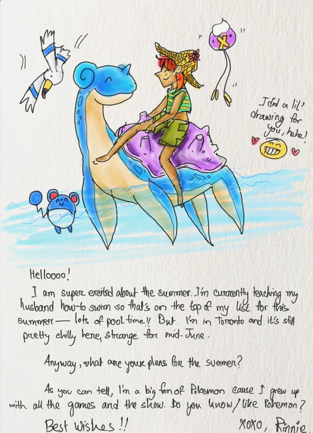 A hand-drawn letter from Rinnie in Toronto, with a sketch of her riding a Lapras across the water with other Pokémon, asking a new PenPal about their summer plans