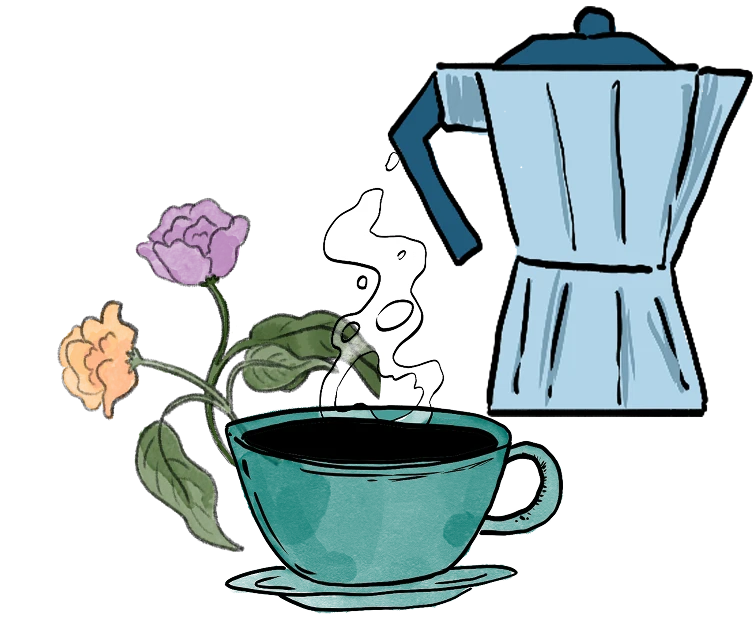 A moka pot beside flowers and a cup of coffee