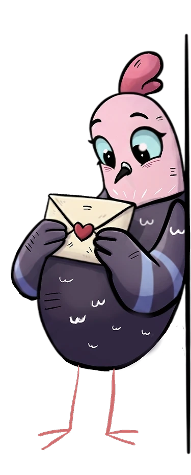 Penny, a pink-crested bird, peeking round the card holding a letter sealed with a heart