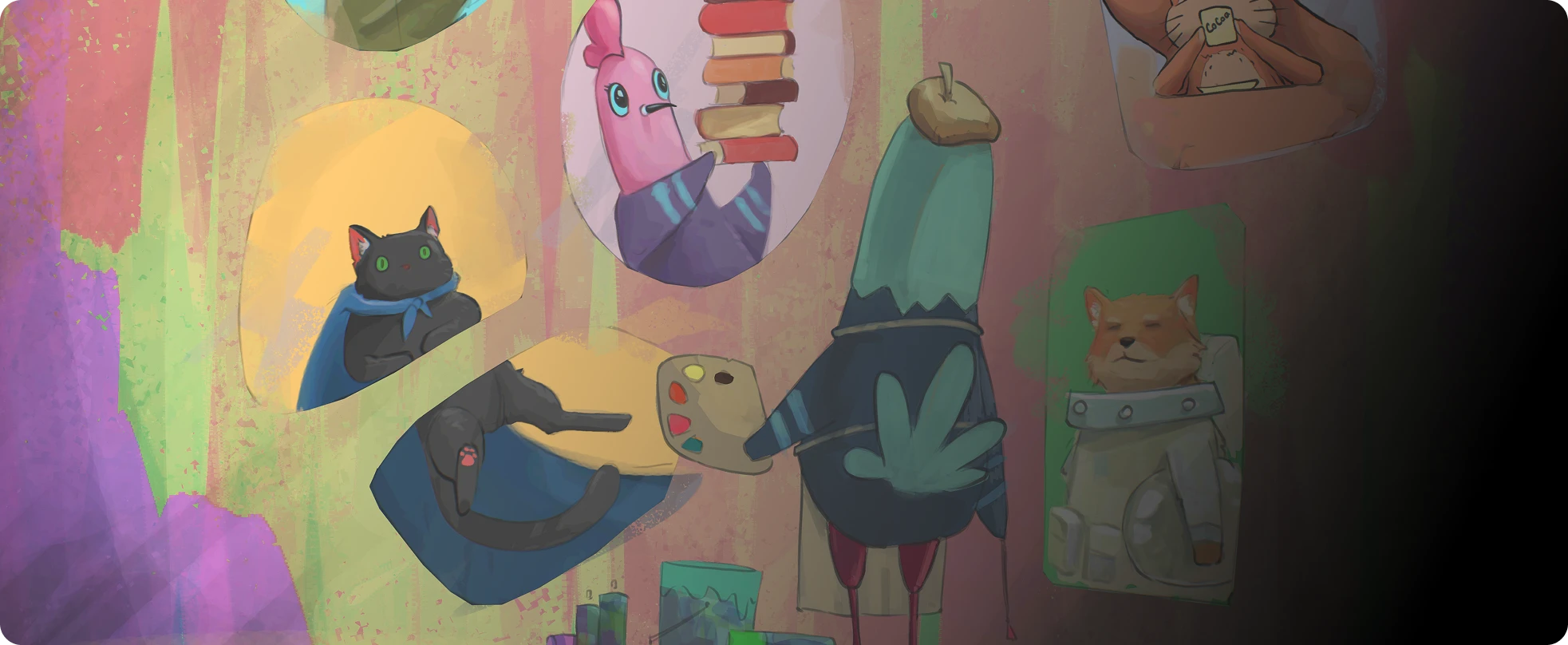 An illustrated collage of Lettre community characters painting and reading