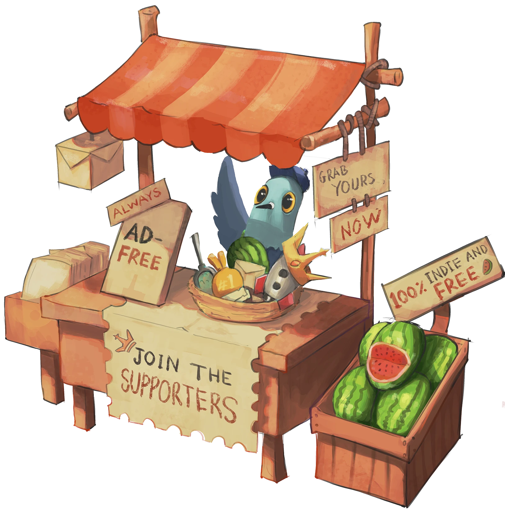 Pippin the pigeon running an always-ad-free market stall under a striped awning