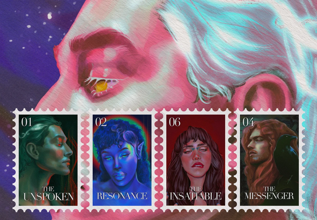 Illustrated by Arietisfire, this set of 6 stamps explores the echoes of unheard voices, silent desires, and unspoken messages that drift between the lines. With a palette of ethereal hues and piercing gazes, each portrait becomes a moment suspended; haunted, vibrant, and profoundly human.