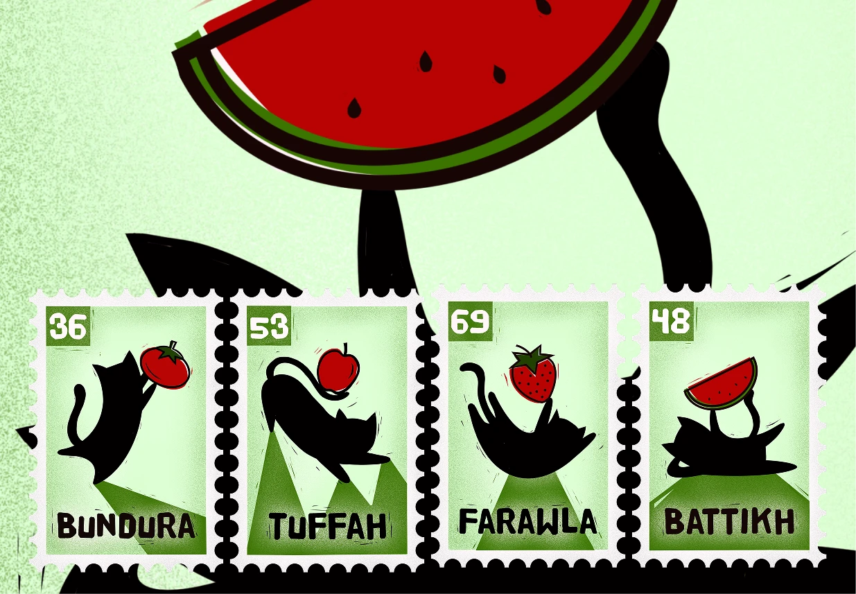 A playful six piece stamp series pairing Arabic produce names with mischievous black cats. Each design reimagines everyday market fruits and vegetables as bold graphic postage stamps, celebrating language, food, and small joyful moments through a simplified linocut inspired style. Created in the spirit of correspondence, the series is a small offering meant to travel, connect, and carry warmth from one person to another.