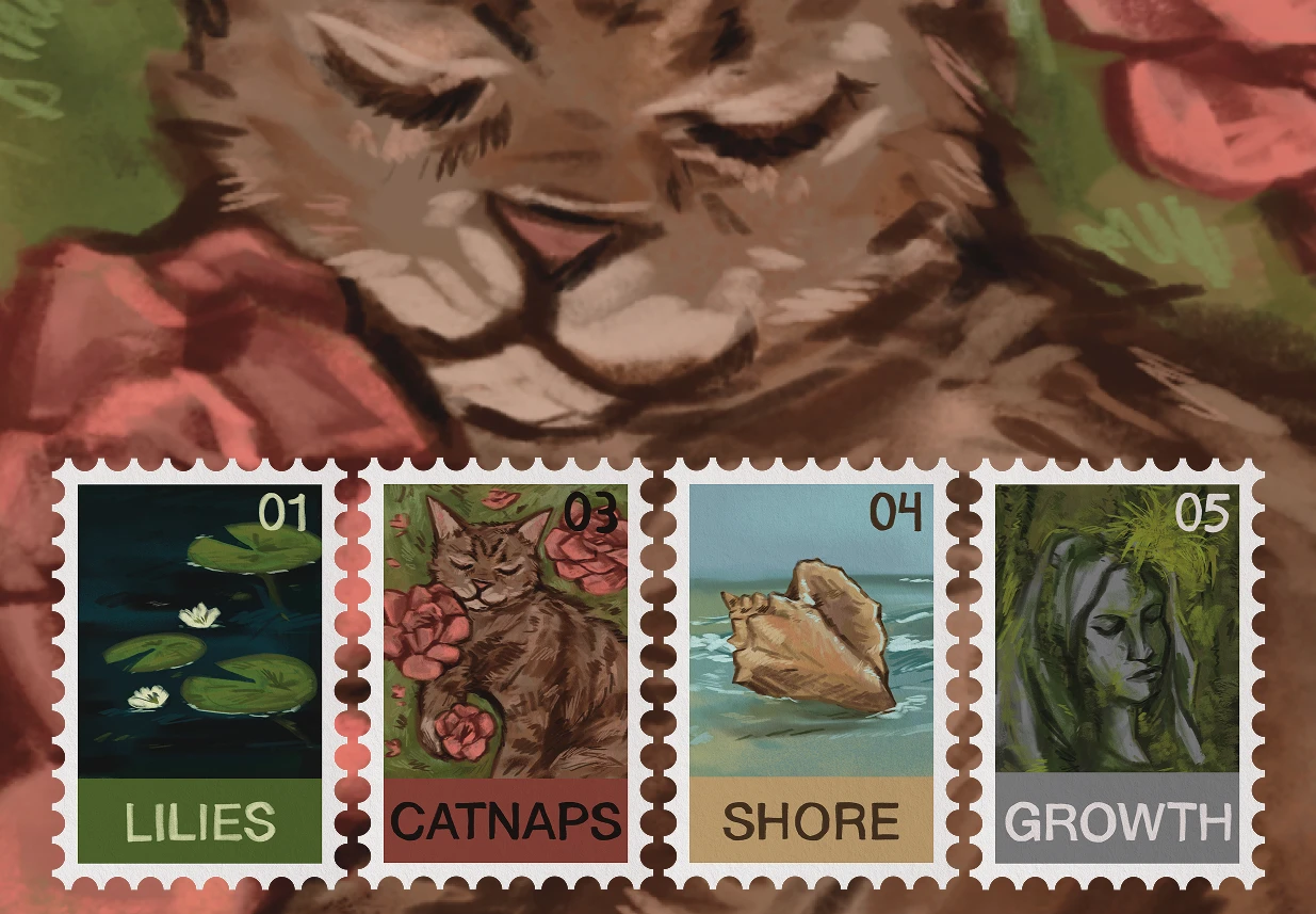 This collection of six illustrated stamps by Miranda Barrington reflects on the changing seasons with bright, colorful artwork.
