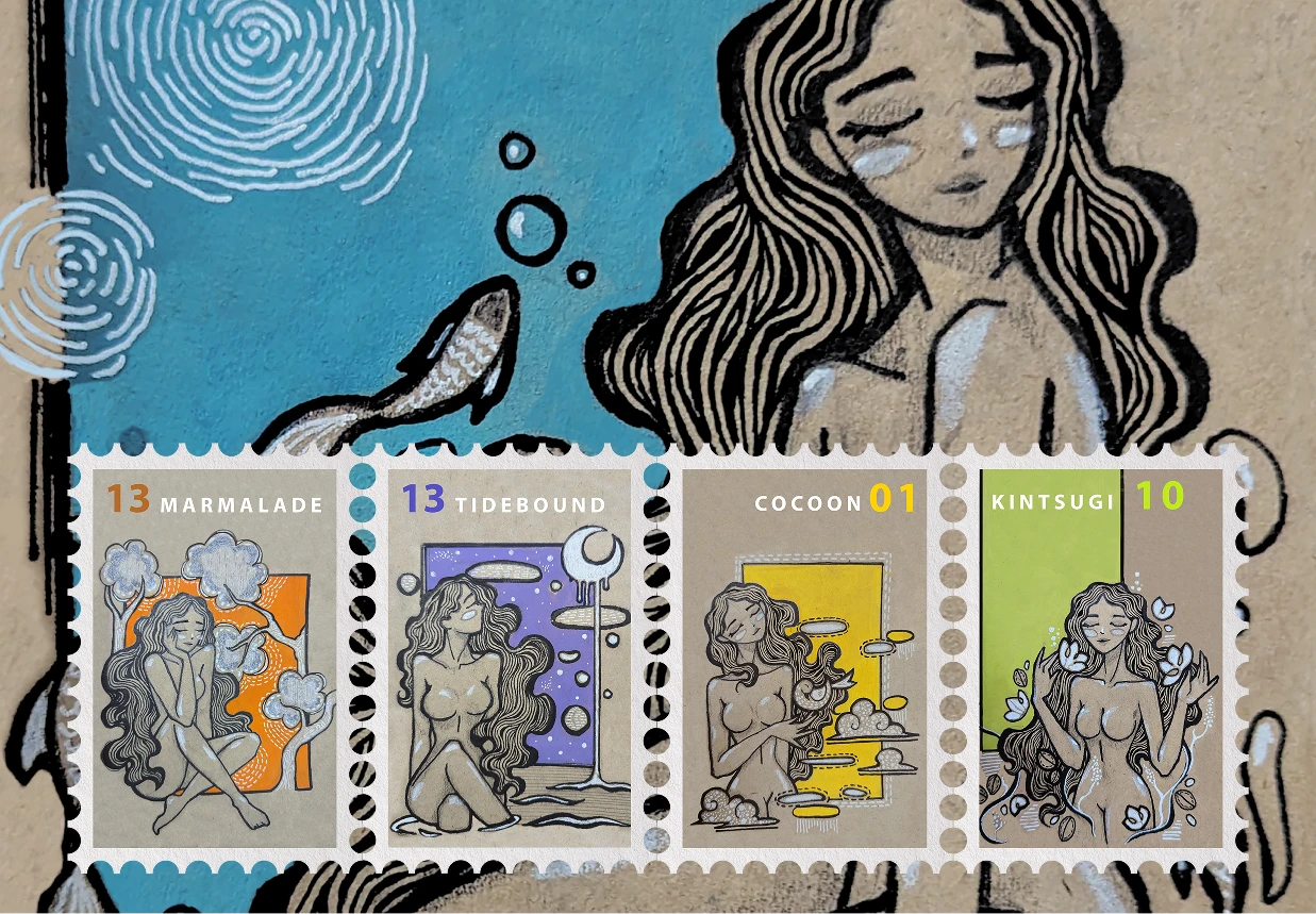 Illustrated by Notdotsusama in the quiet of Summer '25, this set of 6 stamps captures fleeting moments of love, loss, and hope. Each design is a visual whisper—introspective, tender, and deeply human.