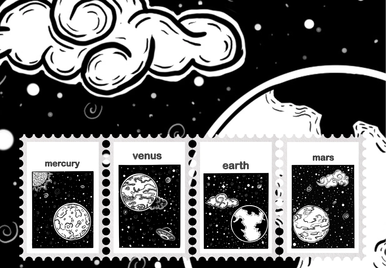 Illustrated by Sannart.s, this set of 9 stamps captures the cosmos in intricate black ink, blending colossal elements and countless bodies in timeless black and white.