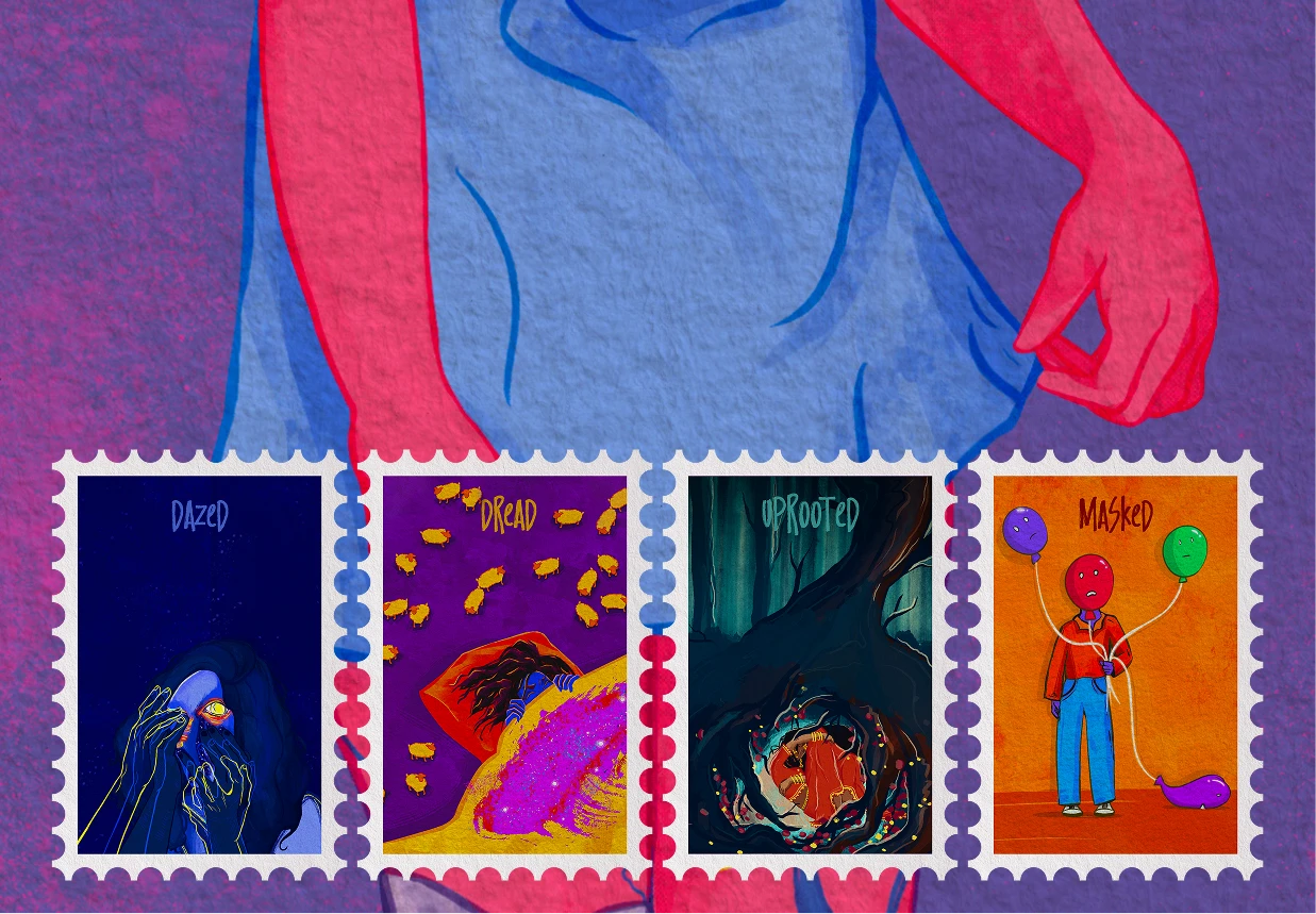 Pack of 6 stamps featuring hand drawn illustrations by Natishitoshno.
