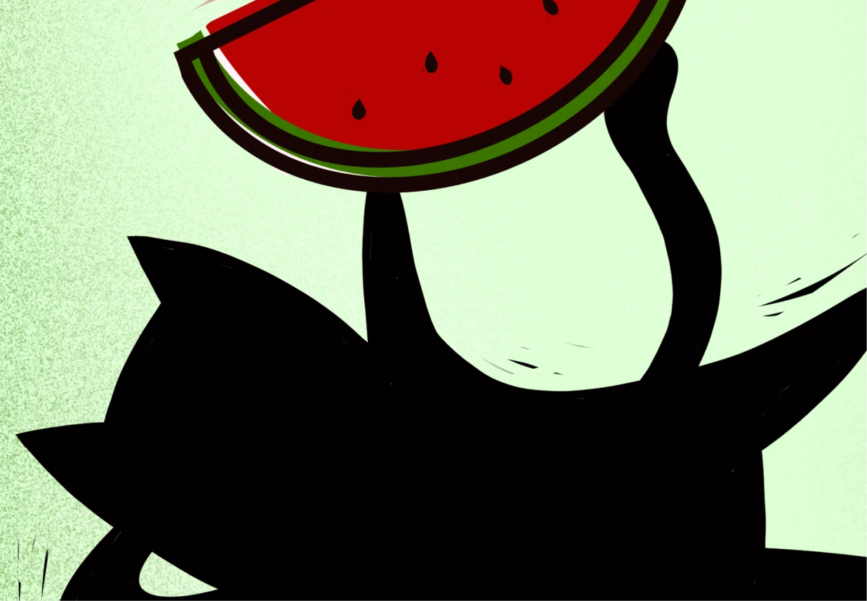A playful six piece stamp series pairing Arabic produce names with mischievous black cats, illustrated by julzmakesart.