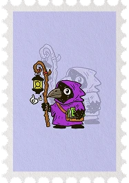 Stamp illustration of a raven sorcerer in a purple robe holding a lantern staff