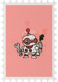 Stamp illustration of a boxy pink and white robot holding a wrench