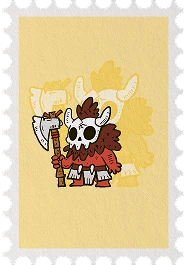 Stamp illustration of a horned skull-faced warrior holding a bone axe, in your stamp book