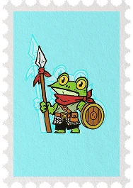 Stamp illustration of a frog knight holding a spear and shield