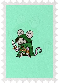 Stamp illustration of a mouse rogue in a green hood holding a dagger