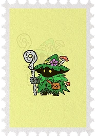 Stamp illustration of a mossy forest wizard holding a mushroom-topped staff