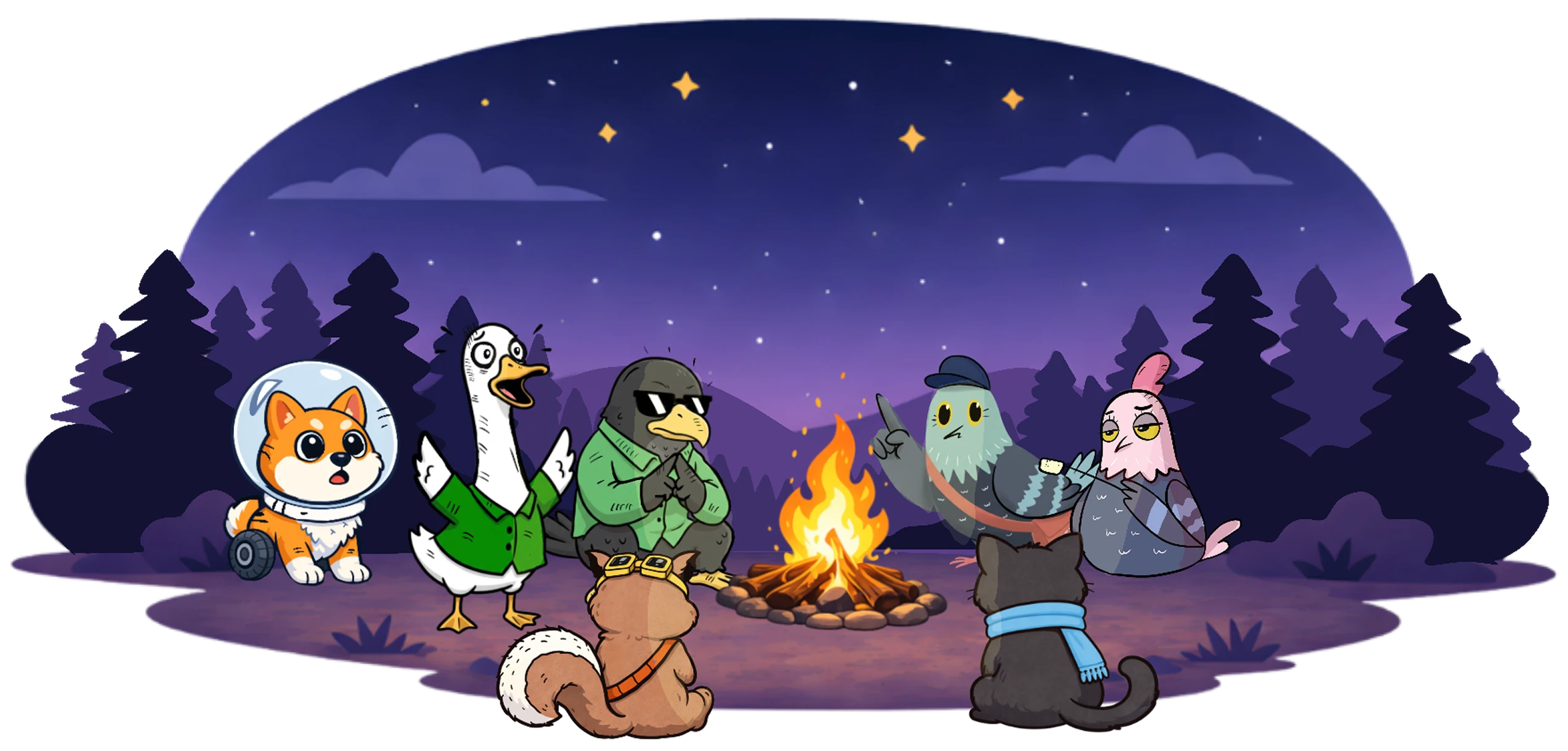 Illustrated Lettre characters gathered around a campfire under a starry sky